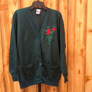Evergreen Sweatshirt Cardigan with red rose embroidery  Holiday
